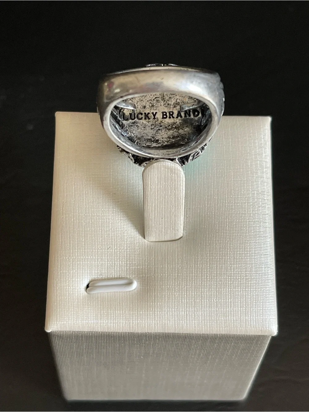 Lucky brand Turquoise Statement Ring with Silver Leaf Setting .